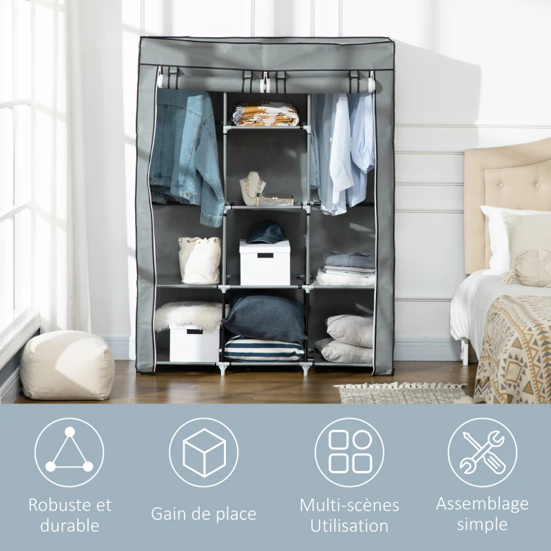 HOMCOM Armoire penderie multi-rangement - 8 étagères, 2 barres - non tissé gris