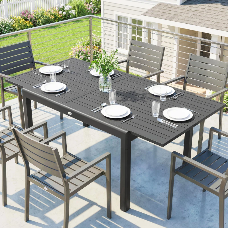 Outsunny Tavolo da Giardino Allungabile per 6-8 Persone con Piano a Doghe, in Alluminio, 110-170x90x75 cm, Grigio Scuro