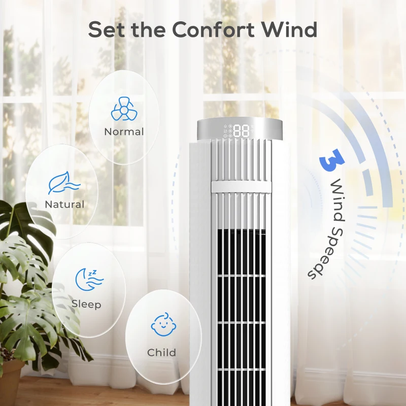 HOMCOM 96 cm Tower Fan with WiFi App Control, Standing Floor Fan with 3 Speed 4 Modes, 12 Hour Timer and Night Light White