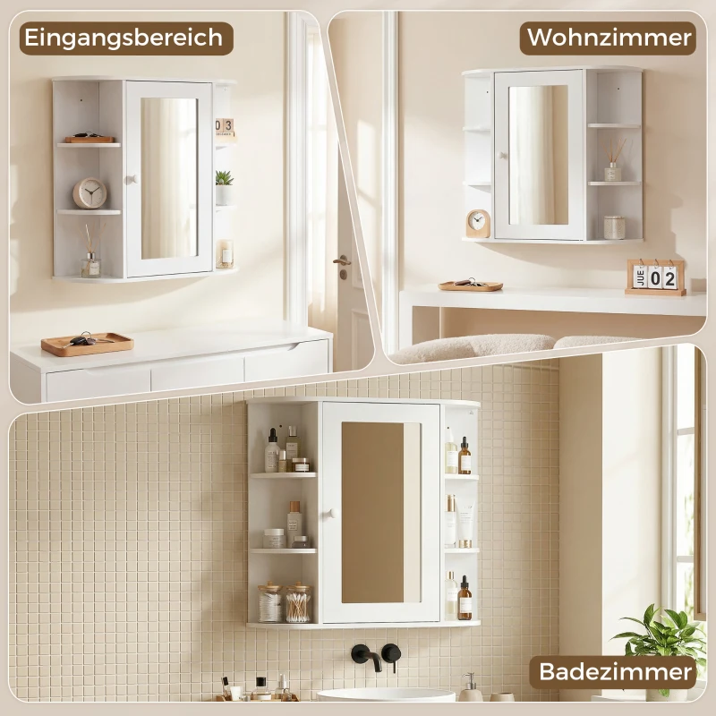 HOMCOM Spiegelschrank Badspiegel Wandmontage Hängeschrank Badezimmerregal Badeschrank 8 Fächer Mehrzweckschrank für Badezimmer MDF Weiß 66 x 17 x 63