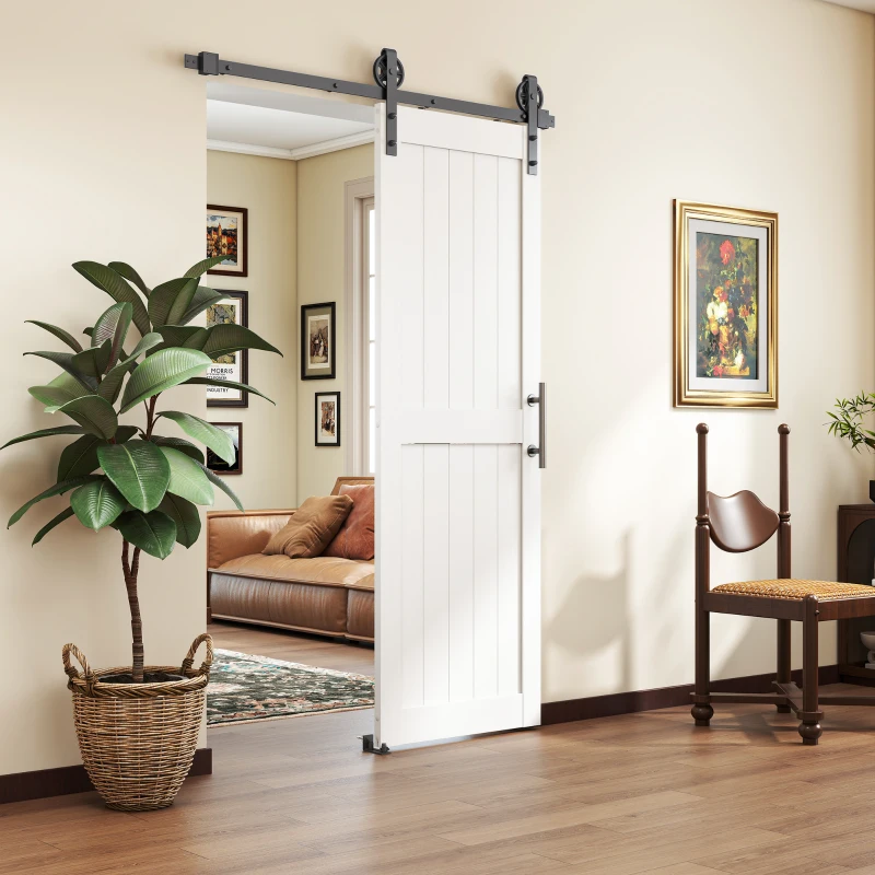 HOMCOM Porta Scorrevole in Stile Country con Binario e Maniglia in Legno e Acciaio, 71.5x213.4 cm, Bianco e Nero