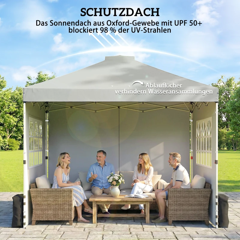 Outsunny Pavillon ca. 3x3 m Wasserdicht Höhenverstellbar Pop-up Faltpavillon mit 3 Seitenwänden Fenster Lüftung, UV 50+ Hellgrau