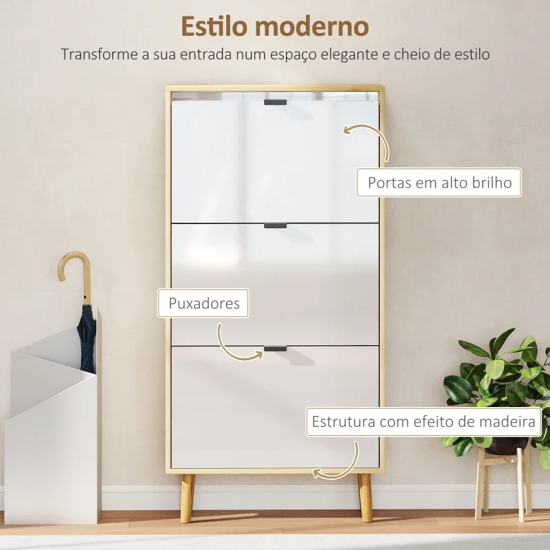 HOMCOM Sapateira Estreita com 3 Portas em Branco Brilhante Prateleiras Ajustáveis Pernas de Madeira para 18 Pares de Sapatos 60x24x127 cm