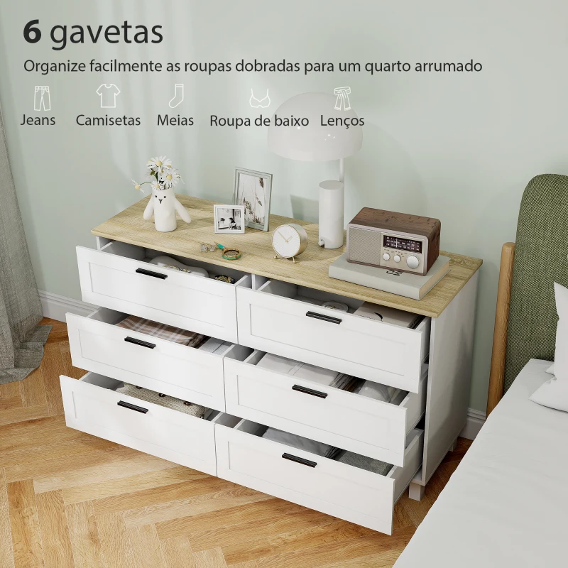 HOMCOM Cómoda 6 Gavetas Cómoda Quarto com Pés de Madeira Gaveteiro para Sala Escritório Estilo Moderno 120x38x71 cm Branco