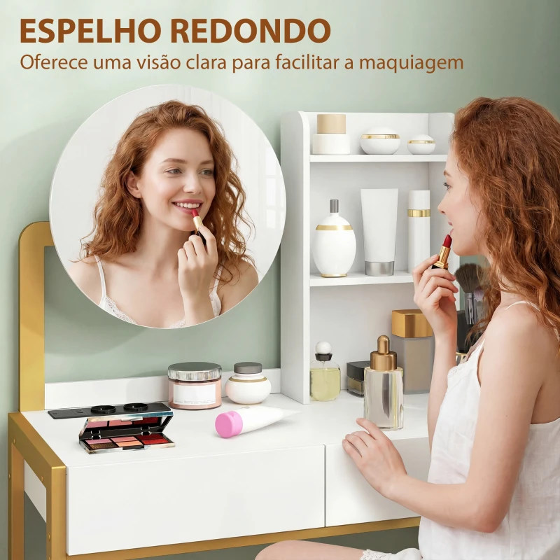 HOMCOM Toucador de Maquilhagem com Espelho e Banco Acolchoado Estação de Carregamento 2 Gavetas 3 Prateleiras para Quarto Branco