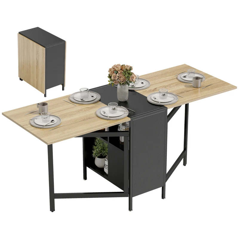 HOMCOM Mesa de Cozinha Dobrável com Arrumação Mesa de Refeição Compacta com 4 Prateleiras 169x60x75 cm Madeira e Preto