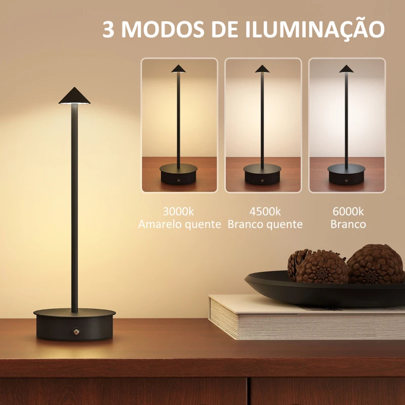 HOMCOM Conjunto de 2 Candeeiros de Mesa Recarregáveis por USB Reguláveis com Controlo Táctil 3000K/4500K/6500K Ø10x30 cm Preto