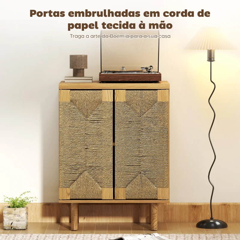 HOMCOM Aparador Boémio de 2 Portas com Corda Tecida à Mão Prateleira Ajustável Abertura por Pressão 60x40x78 cm Carvalho