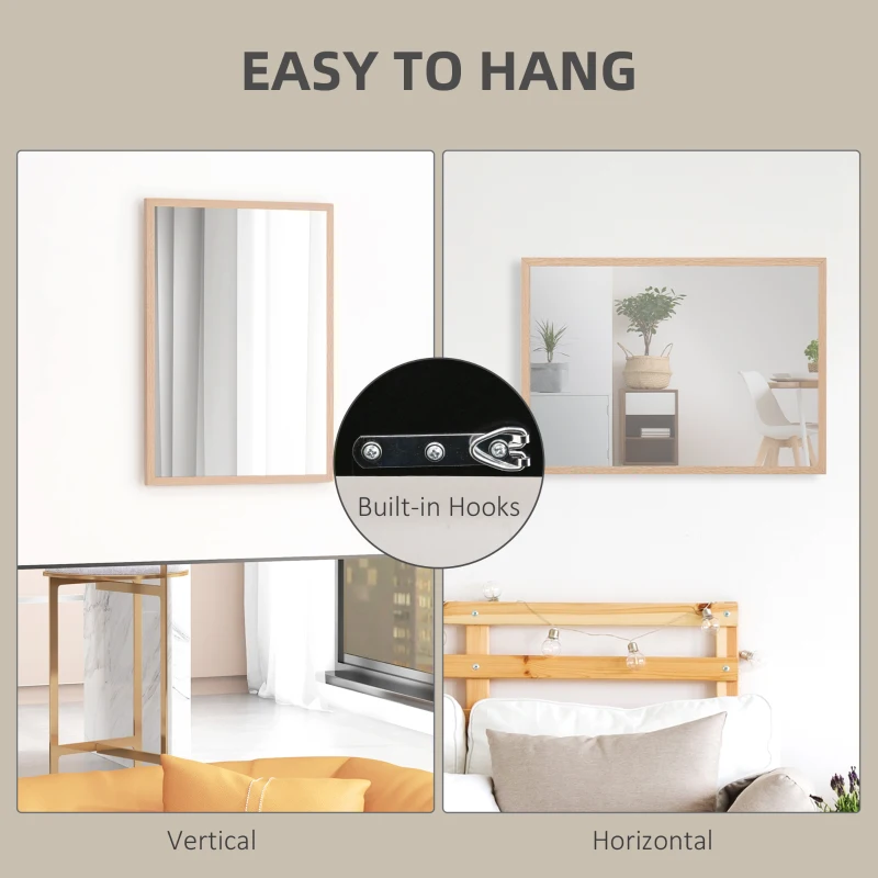 HOMCOM Wall Bathroom Mirror, 70 x 50 cm Wall-Mounted Mirror for Living Room, Bedroom, Hallway, Natural Wood