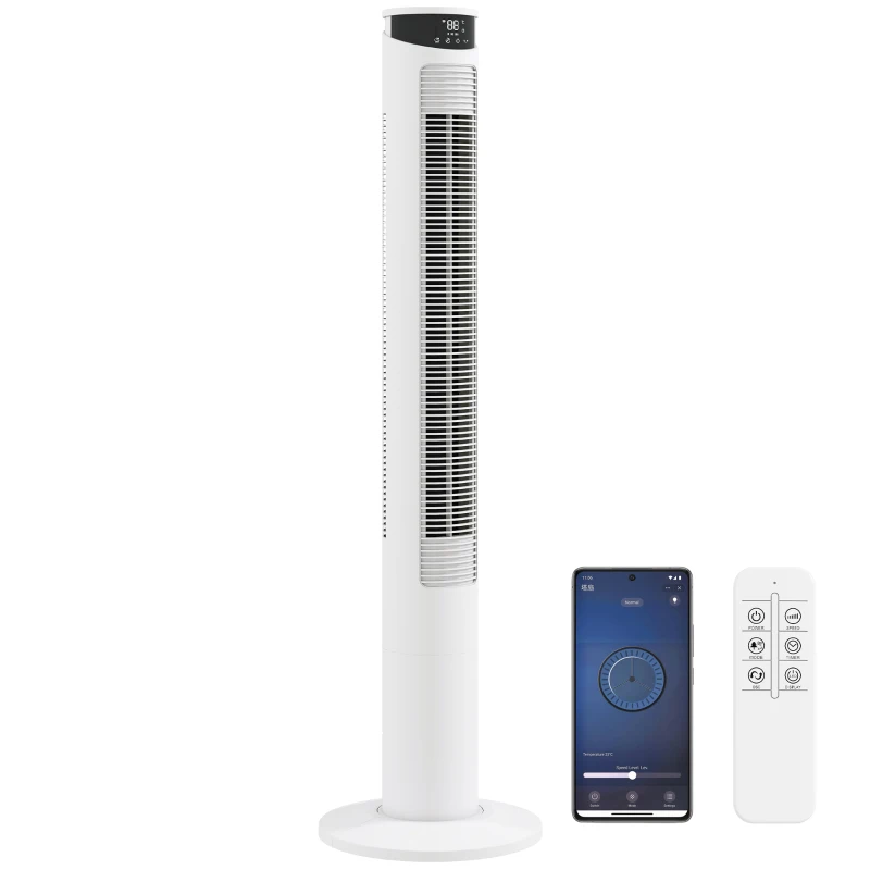 HOMCOM Tower Fan with WiFi Control Standing Floor Fan with Remote Control 116 cm White