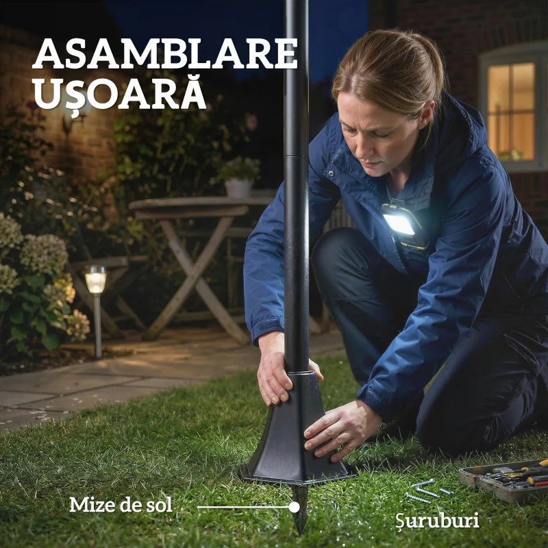 Outsunny Set de 2 Felinare Solare de Grădină 1.86 m, Lămpi de Exterior din Oțel Inoxidabil cu Înălțime Reglabilă, 2 Moduri de Lumină, IP44 Impermeabil pentru Terasă Curte Alei