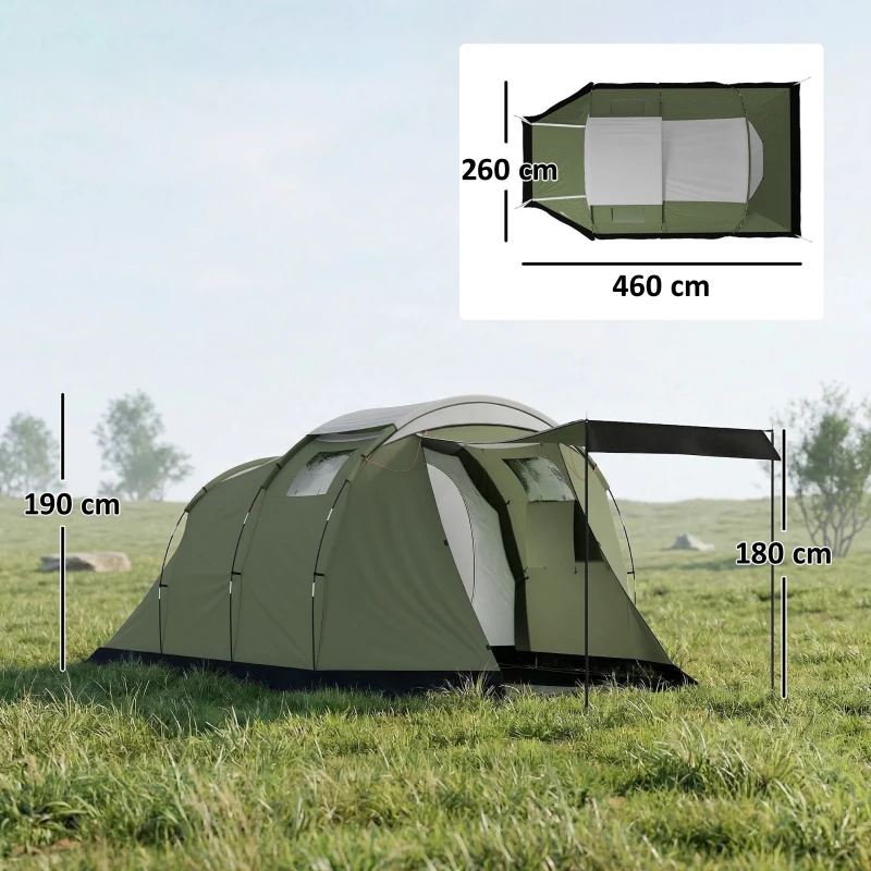 Outsunny Tente de camping 3-4 personnes stable 3000 mm imperméable Tente familiale avec chambre, auvent, séjour Vert