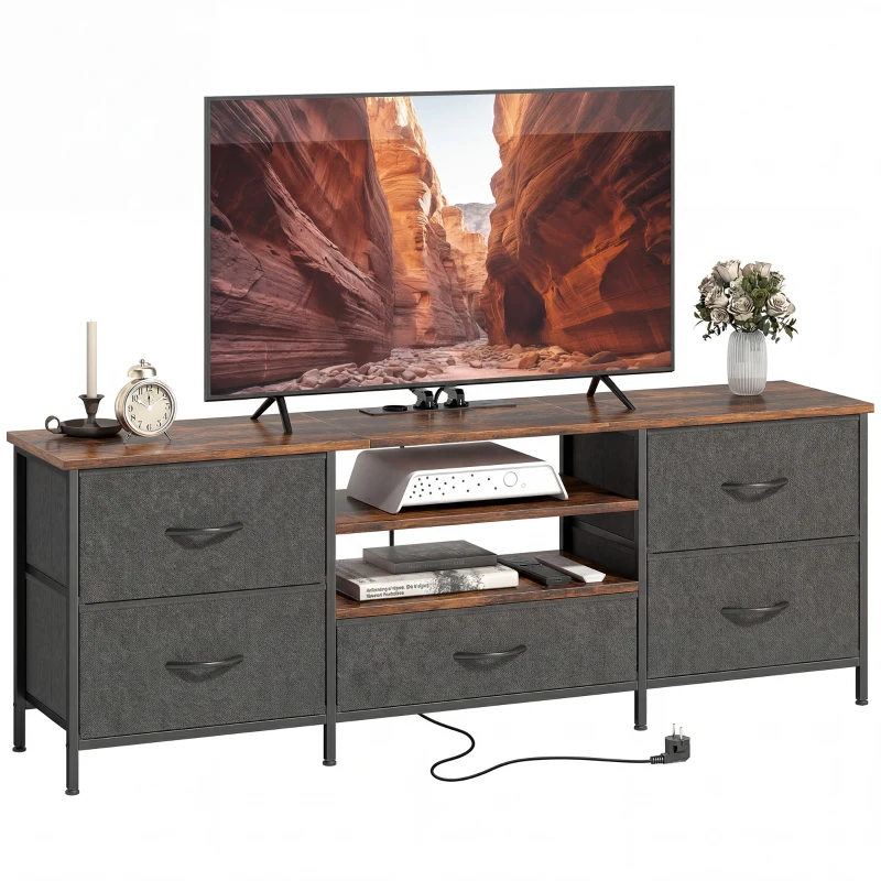 HOMCOM Meuble TV 140 cm, meuble télé 65 pouces, station de charge, 5 tiroirs en tissu, étagères ouvertes, 140x30x50cm, marron