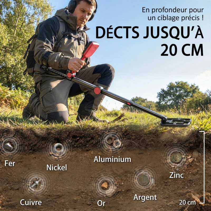 Outsunny Détecteur de Métaux, Bobine Étanche IP68 avec Écran LCD, 4 Modes, Haute Précision Hauteur Réglable, 139x26x30cm, Noir