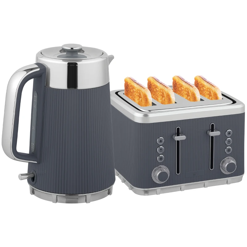 HOMCOM Electric Stainless Steel Kettle and Toaster Set, 3000W 1.7L UK Strix Thermostat Fast Boil Kettle w/ Limescale Filter, Cool Touch Body, 4 Slice Toaster with 7 Browning Levels, Crumb Tray, Grey