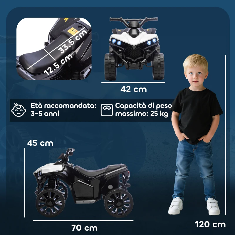 AIYAPLAY Quad Elettrico per Bambini ATV con Batteria Ricaricabile 6V, Fari LED e Musica, Età 3-6 Anni, Bianco