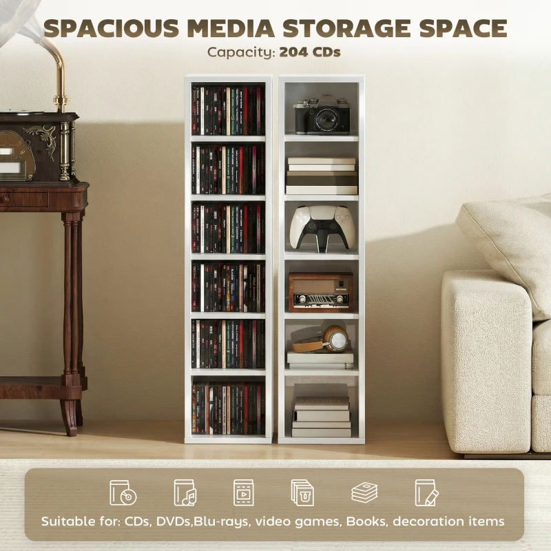 HOMCOM Set of 2 CD Media Display Shelf Unit Tower Rack with Adjustable Shelves, High Gloss White