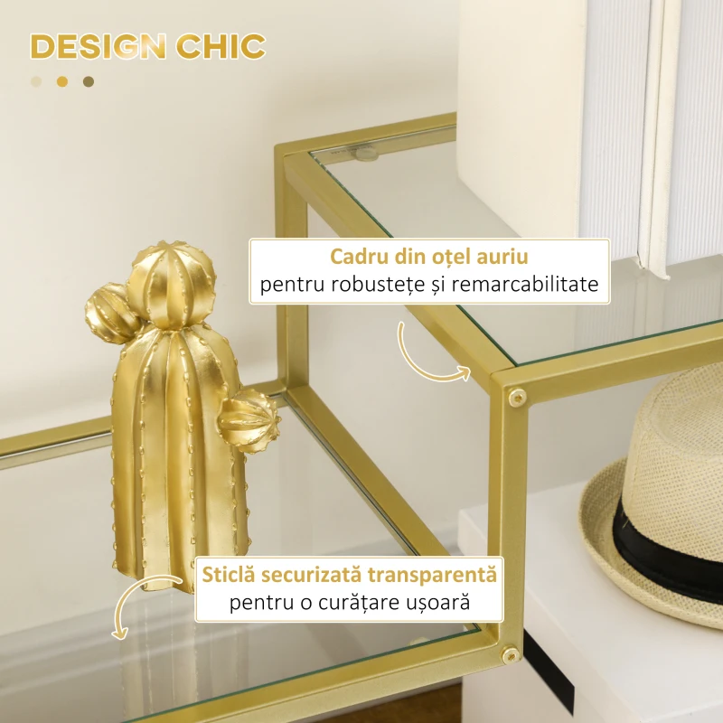 HOMCOM Consola aurie, Masuta de cafea din sticla temperata 100 cm, Masa pentru hol cu rafturi de depozitare, Cadru din otel pentru sufragerie, Hol