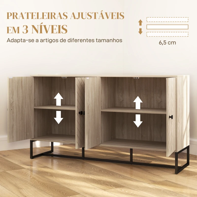 HOMCOM Aparador de Sala com 4 Portas com Design Chevron Prateleiras Ajustáveis Pés de Aço 140,5x40x81,5 cm Carvalho