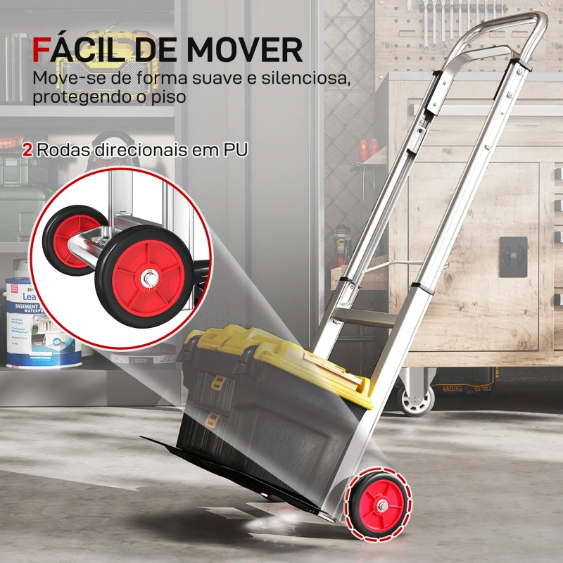 HOMCOM Carro de Transporte Dobrável de Alumínio com Cabo Telescópico Ajustável Carga 90 kg 40x41x108 cm Prateado e Preto