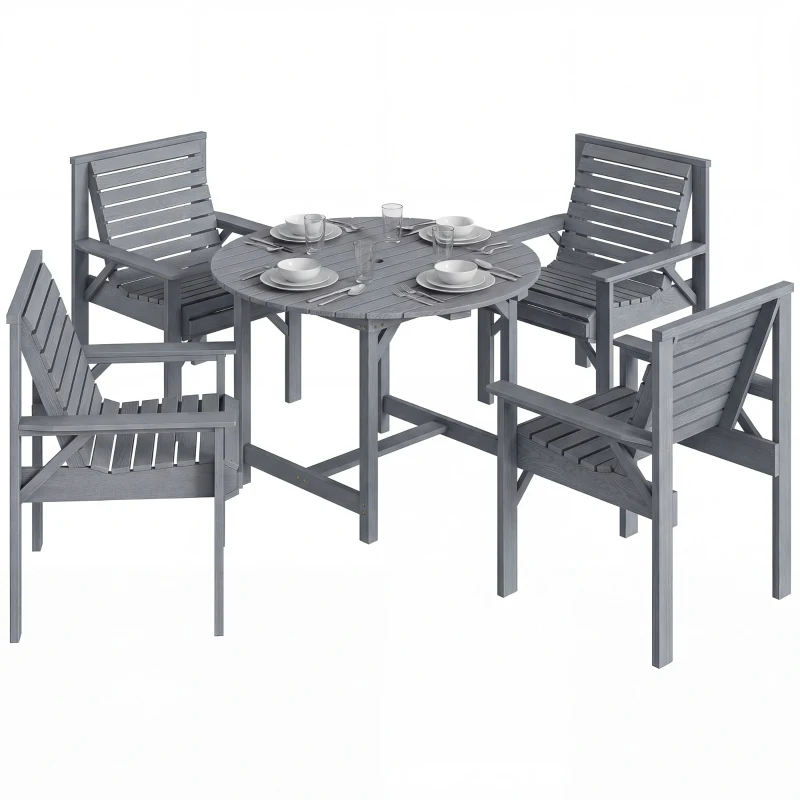 Outsunny 5 Pieces Garden Dining Set with Parasol Hole, Round Outdoor Table and Chairs, 4 Seater Wooden Garden Furniture, Grey
