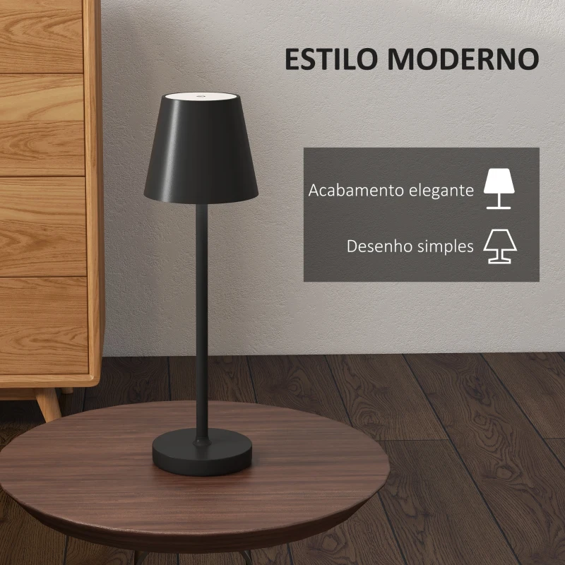 HOMCOM Candeeiro de Mesa com Luzes LED Candeeiro de Mesa Sem Fios Recarregável por USB-C 3 Cores Ø11,2x36,5 cm Preto