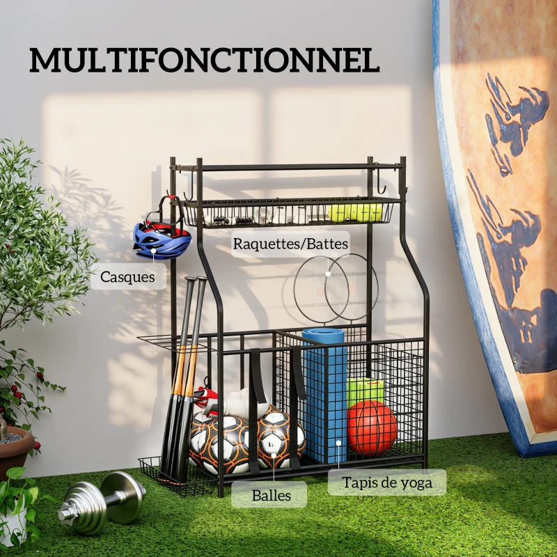 SPORTNOW Rangement d'équipements de sport, avec paniers, crochets amovibles, sangles élastiques, 92 x 42 x 109 cm, noir