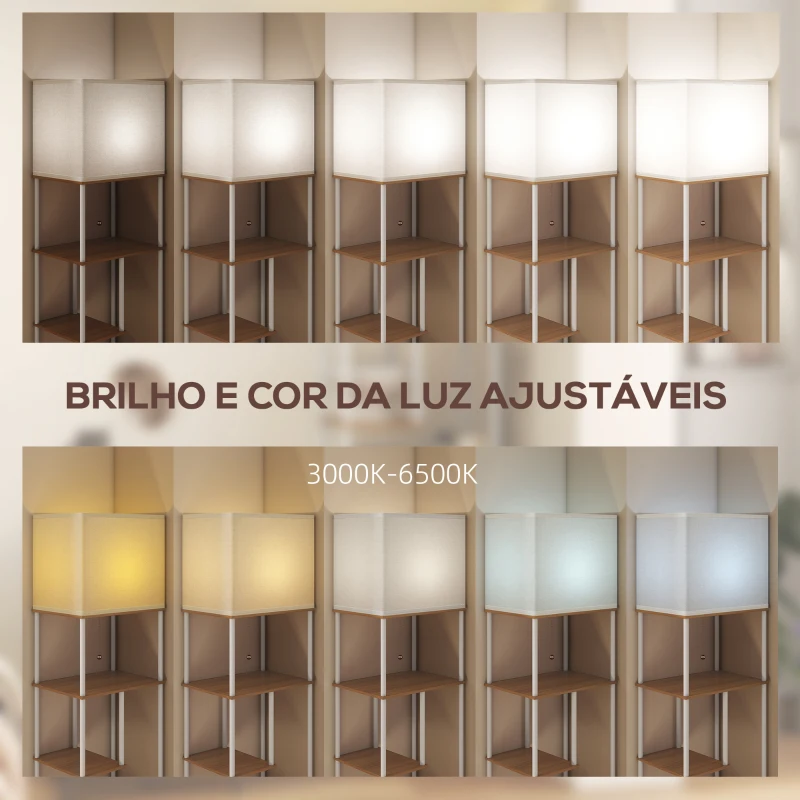 HOMCOM Candeeiro de Pé com Prateleiras Brilho e Temperaturas de Cor Ajustáveis 3000K-6500K e Temporizador 40x29x171 cm Branco e Madeira