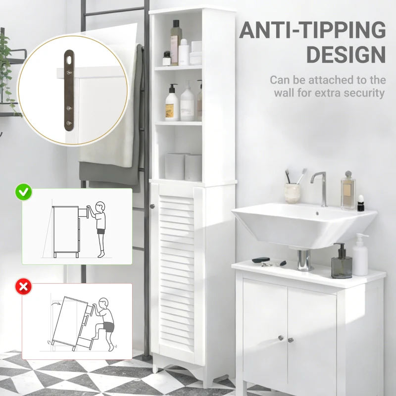 HOMCOM Tall Bathroom Cabinet, Freestanding Slim Bathroom Storage Unit with Adjustable Shelves and Shutter Door, Floor Storage Cupboard with 6 Shelves, 165H x 34W x 20D cm, White