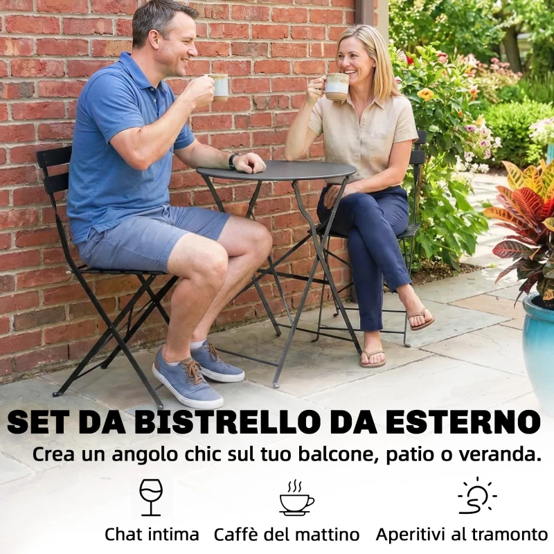 Outsunny Set Bistrò Esterno, Arredo Giardino Pieghevole con Tavolo e 2 Sedie, Nero.