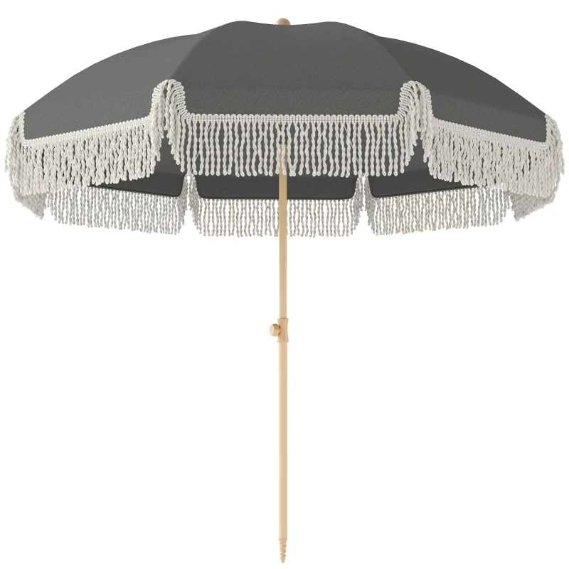 Outsunny 1.7 m Beach Umbrella with Sand Anchor, 30° Tilting Fringed Beach Garden Parasol with Adjustable Height, Grey