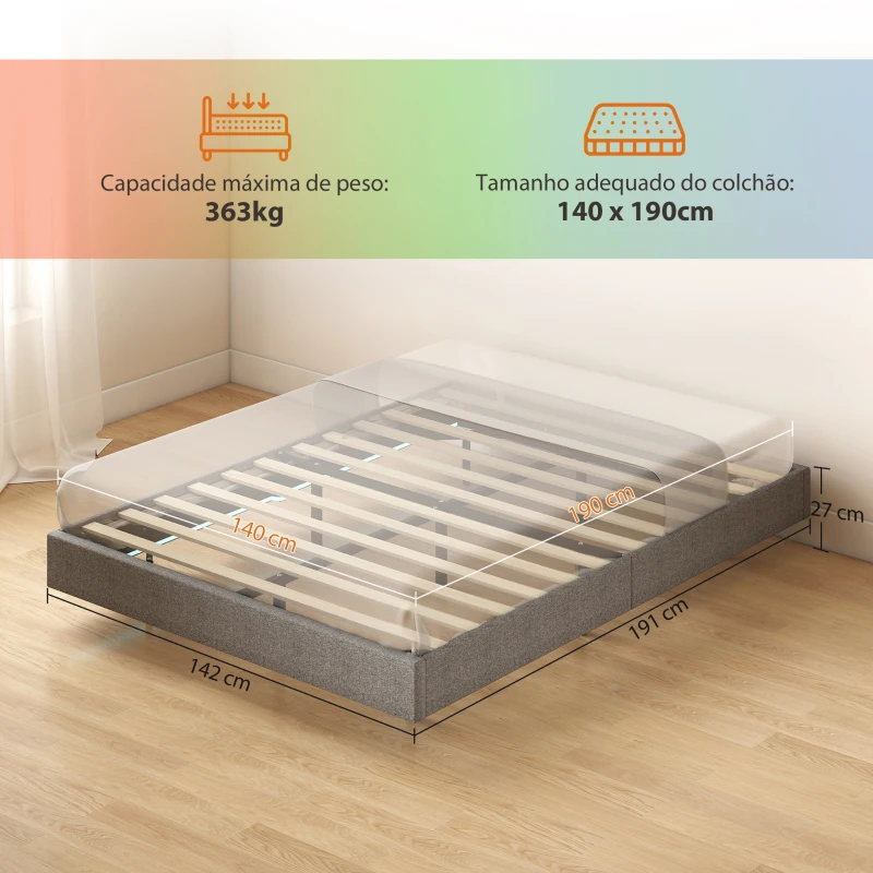 HOMCOM Cama 140x190 cm com Luzes LED Estofada em Linho Ripas de Madeira Silenciosa Fácil de Montar Cinzento