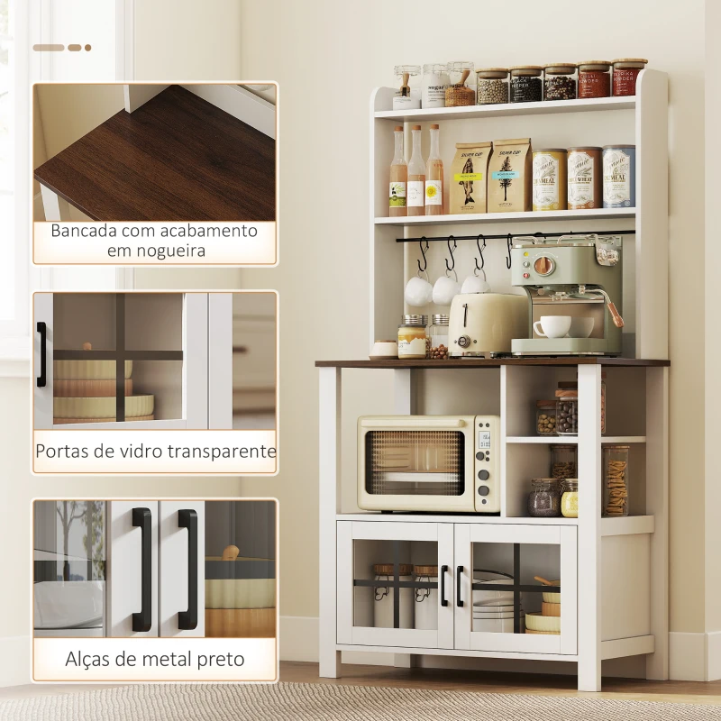 HOMCOM Armário de Cozinha Alto Móvel Auxiliar de Cozinha com 6 Ganchos para Chávenas 2 Portas de Vidro Prateleiras Abertas  80x40x152 cm Branco