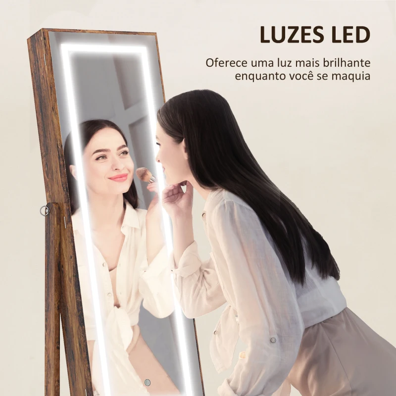 HOMCOM Joalheiro de Pé Armário para Jóias com Fita de Luz LED e Fechadura Magnética 46x36,5x151,5 cm Madeira