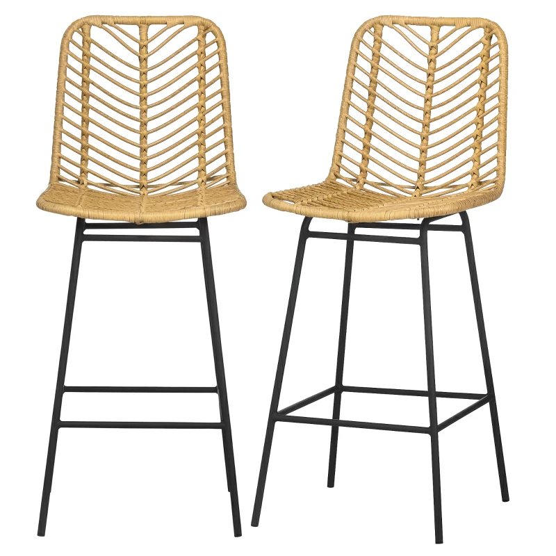 HOMCOM Lot de 2 tabourets de bar design bohème Hauteur 66 cm avec repose-pieds métal et rotin PE - naturel