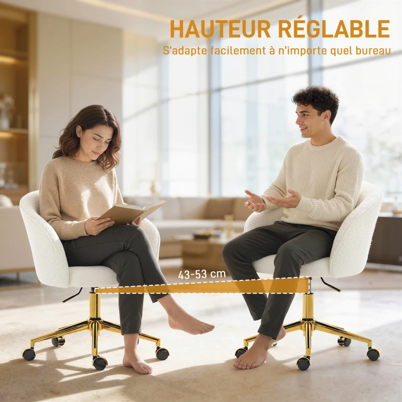 HOMCOM Chaise de bureau, fauteuil de bureau ergonomique réglable en hauteur, siège pivotante, piètement en acier, crème