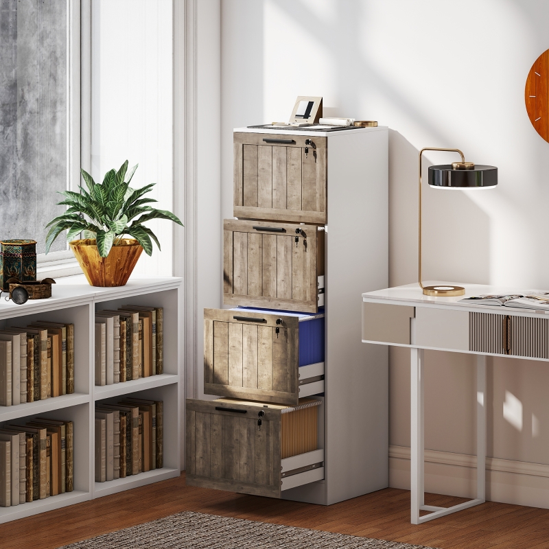 HOMCOM Bloco de Gavetas de Escritório com 4 Gavetas Fecho e 2 Chaves e Barras para Pendurar A4 Carta 39,4x40x129 cm Branco e Madeira