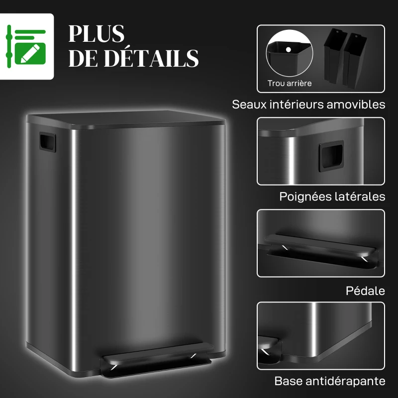 HOMCOM Poubelle de cuisine 2 compartiments de 2 x 30L, acier inoxydable, couvercle à fermeture douce, 47,7x37,5x66,8cm, noir