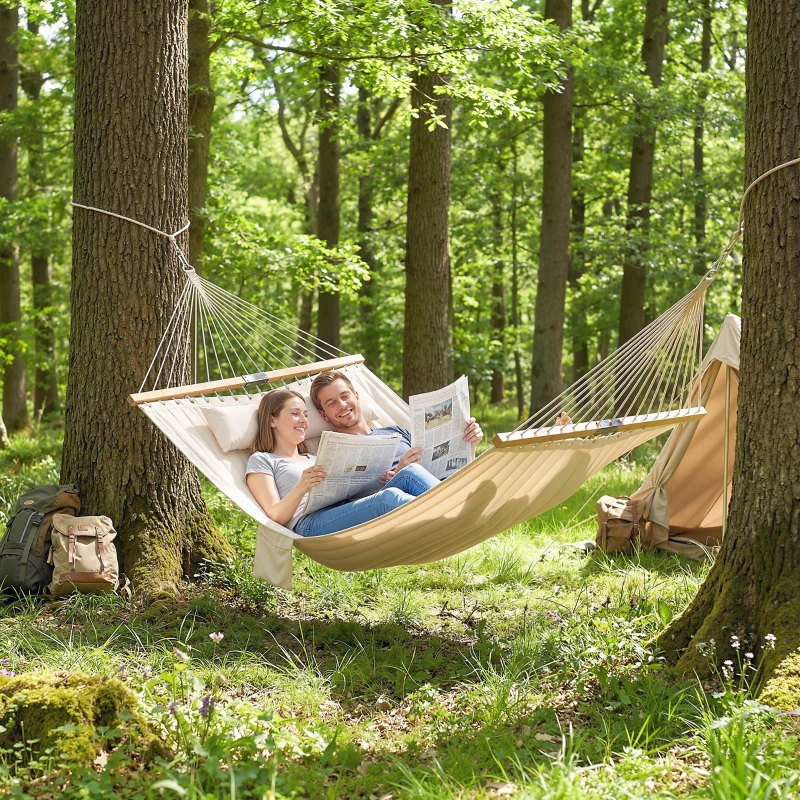 Outsunny Hamac suspendu 325 cm avec oreiller extra-long, tissu matelassé, poche pour magazines, intérieur et extérieur, crème