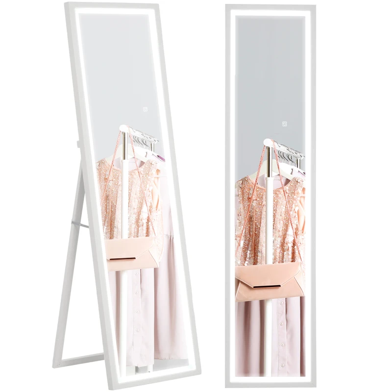 HOMCOM Espelho de Pé com Luz LED 40x160 cm Espelho de Corpo Inteiro com Iluminação de 3 Cores Tátil Função de Memória Branco