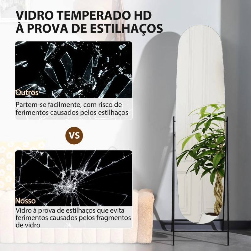 HOMCOM Espelho de Pé Arqueado 160x40 cm Espelho de Corpo Inteiro sem Moldura com Suporte de Metal Preto