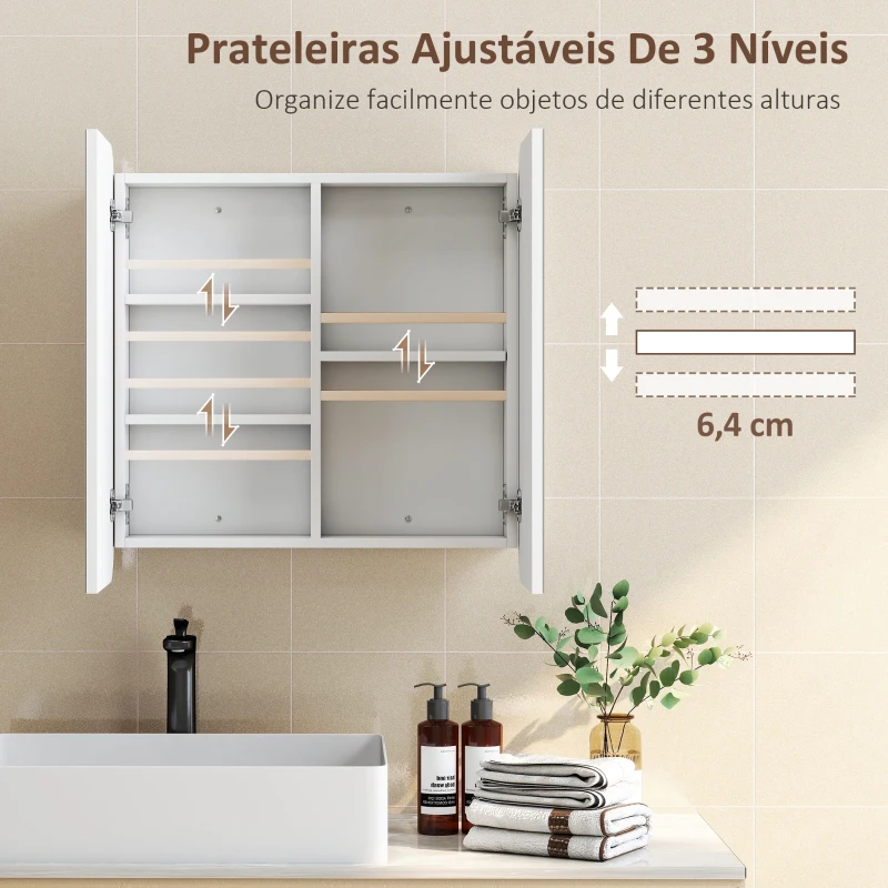 HOMCOM Armário de Casa de Banho com Espelho Design com Bordas Curvas com Prateleiras Ajustáveis 68x13x66 cm Branco