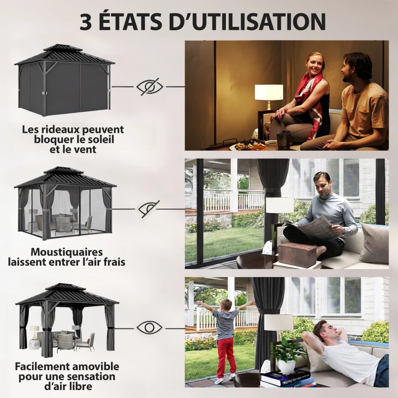 Outsunny Gazebo 3 x 3,6 m à Toit Rigide avec Toit Double en Acier Galvanisé, Structure en Aluminium, Gris Foncé