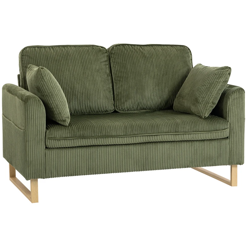 HOMCOM 2 Seater Sofa, 140 cm Loveseat Sofa with Spring Cushions, Metal Legs, 2 Pillows, Dark Green