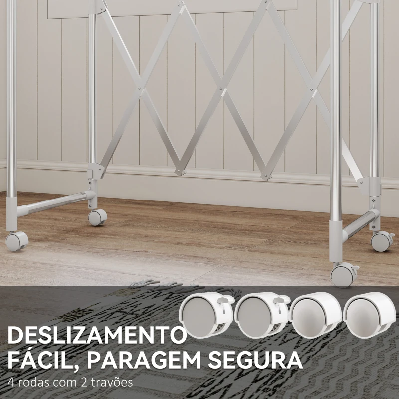 HOMCOM Estendal Vertical Dobrável de 3 Níveis Estendal de Aço Inoxidável com 3 Barras Ajustáveis e Extensíveis 4 Rodas 104-150x103x145-197 cm Prateado