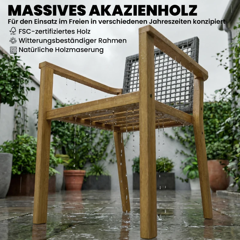 Outsunny Gartenstühle 2er Set FSC Akazienholz Stapelbar Holzstühle mit Rattan-Rückenlehne abnehmbaren Kissen Armlehne