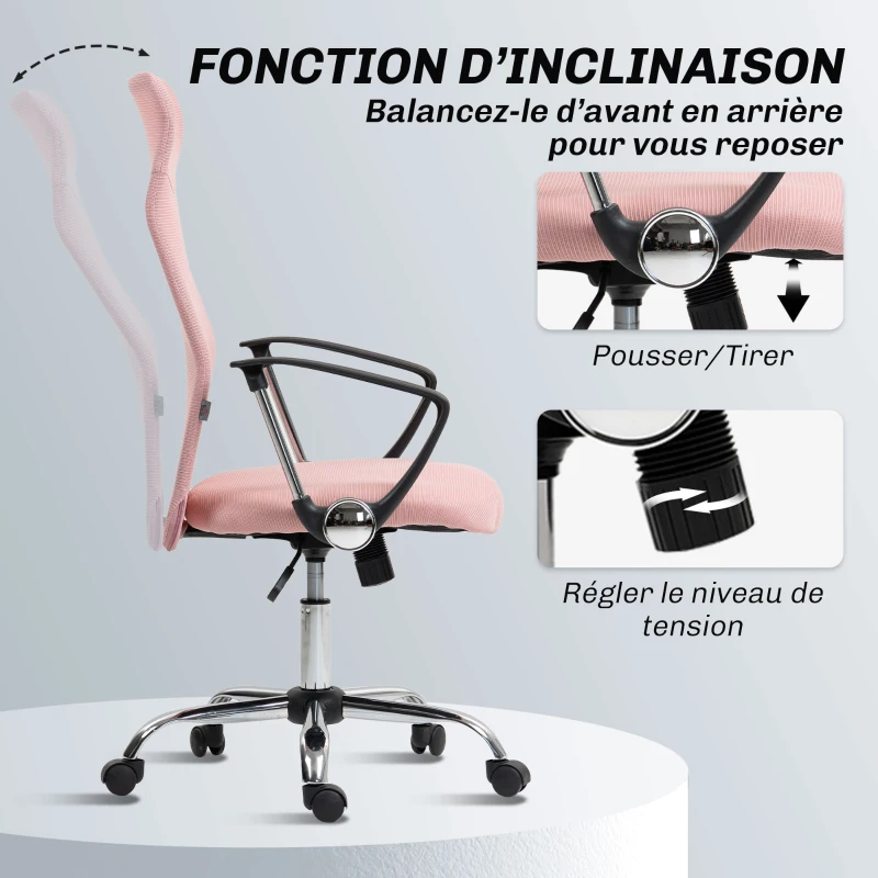 HOMCOM Fauteuil de bureau manager dossier ergonomique hauteur assise réglable pivotant tissu maille 63x65x119109-119cm rose