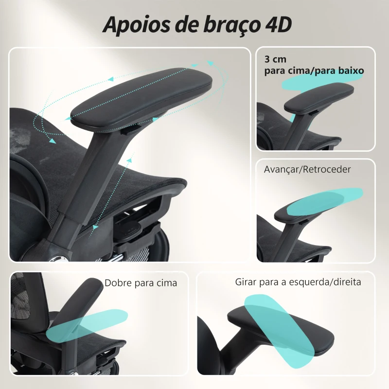 HOMCOM Cadeira de Escritório com Encosto Reclinável e Alto Suporte Lombar Transpirável Apoios de Braço 4D e Encosto de Cabeça Ajustável 67x74x113-132 cm Preto