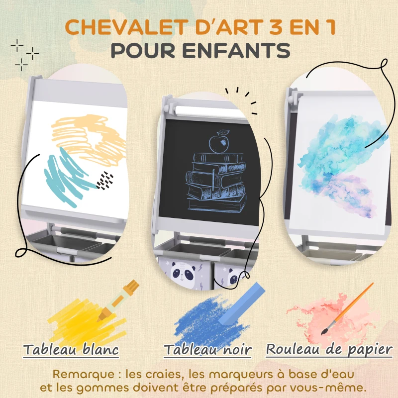AIYAPLAY Tableau chevalet enfant ardoise double face tableau à craie rouleau papier 2 paniers 54 x 46,5 x 93 cm gris