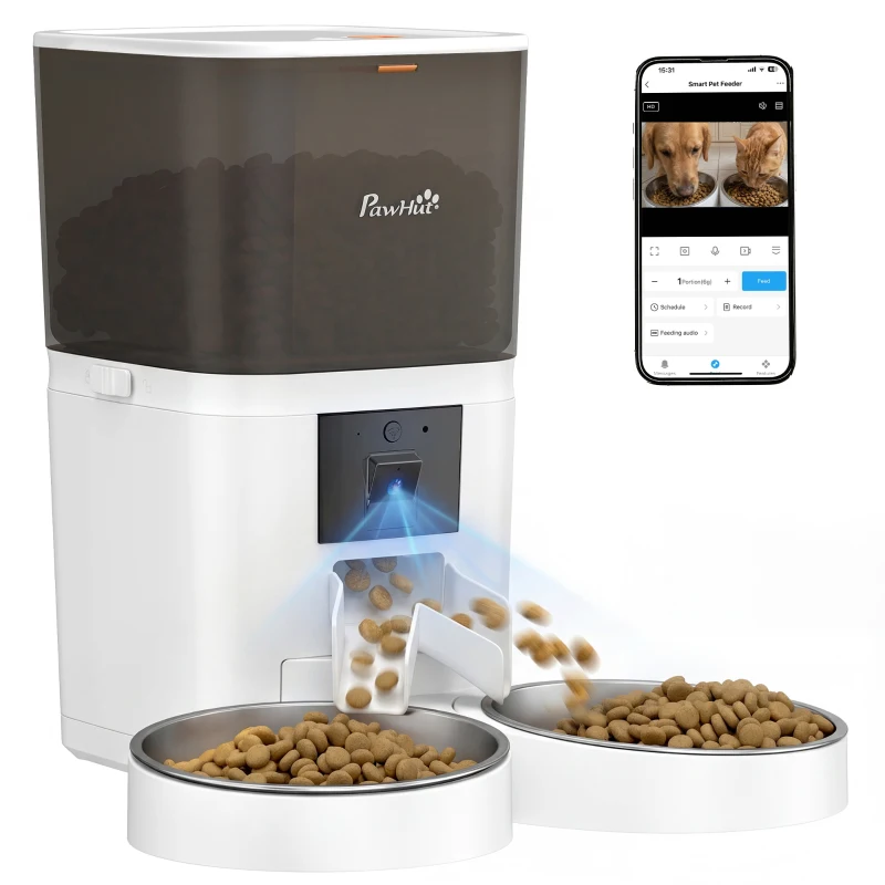 PawHut Automatic Cat Feeder for 2 Cats with HD Camera，2.4G & 5G WiFi Pet Food Dispenser 6L APP Control
